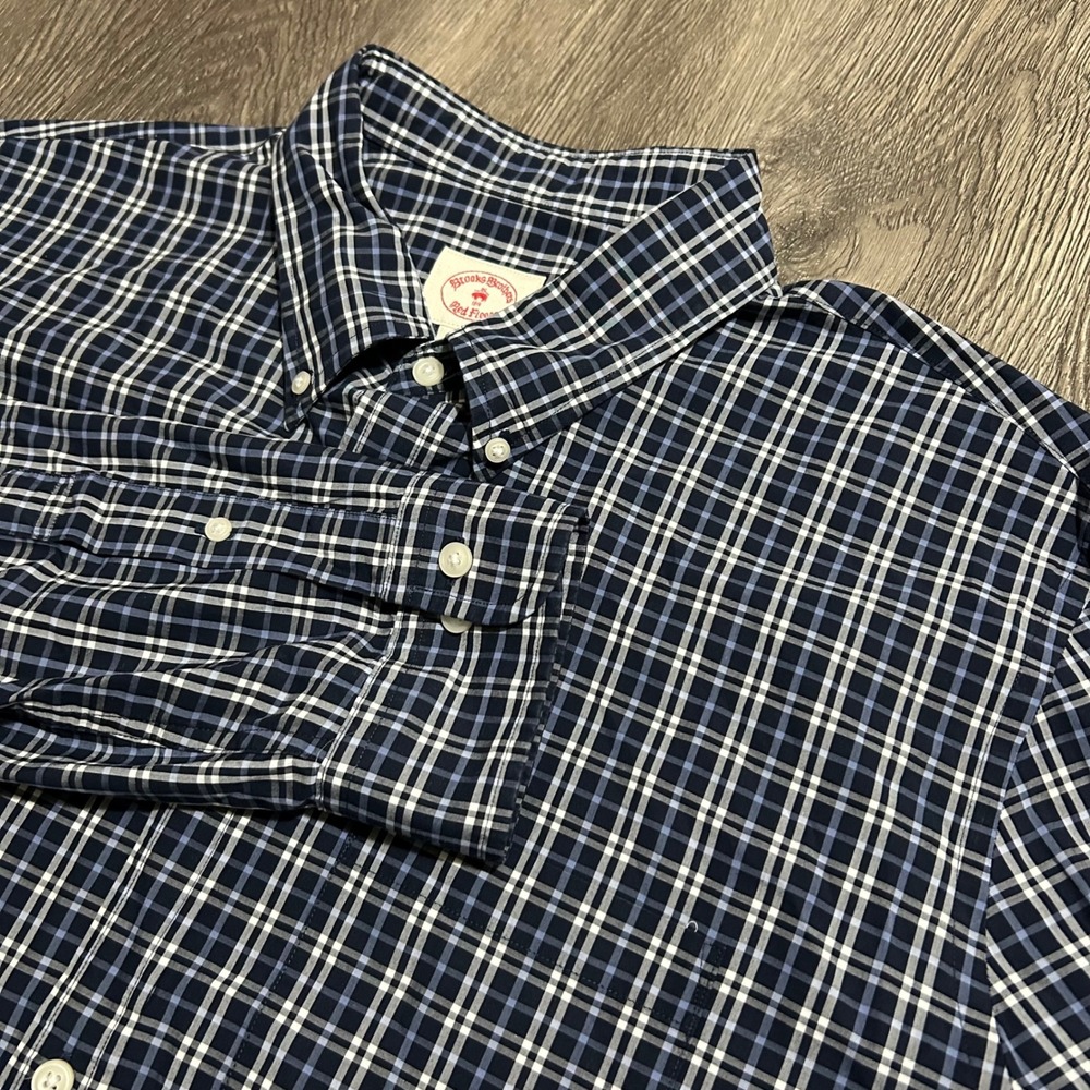 Brooks Brothers Red Fleece Shirt XXL Navy Blue Plaid Button Down Long Sleeve